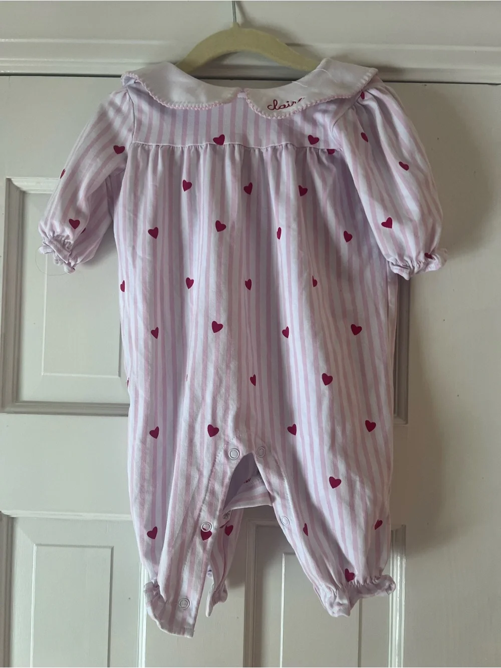 Embroidered “Claire” Heart Print Pink Striped Baby One-Piece